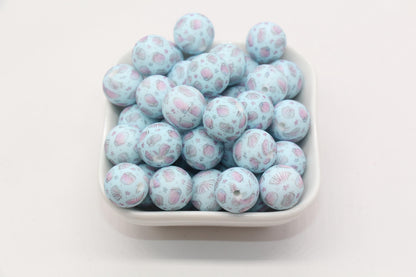 15mm Seashell Printed Beads, Blue Sea Shell Silicone Beads, Round Bubblegum Beads, Beads for Pens #S128