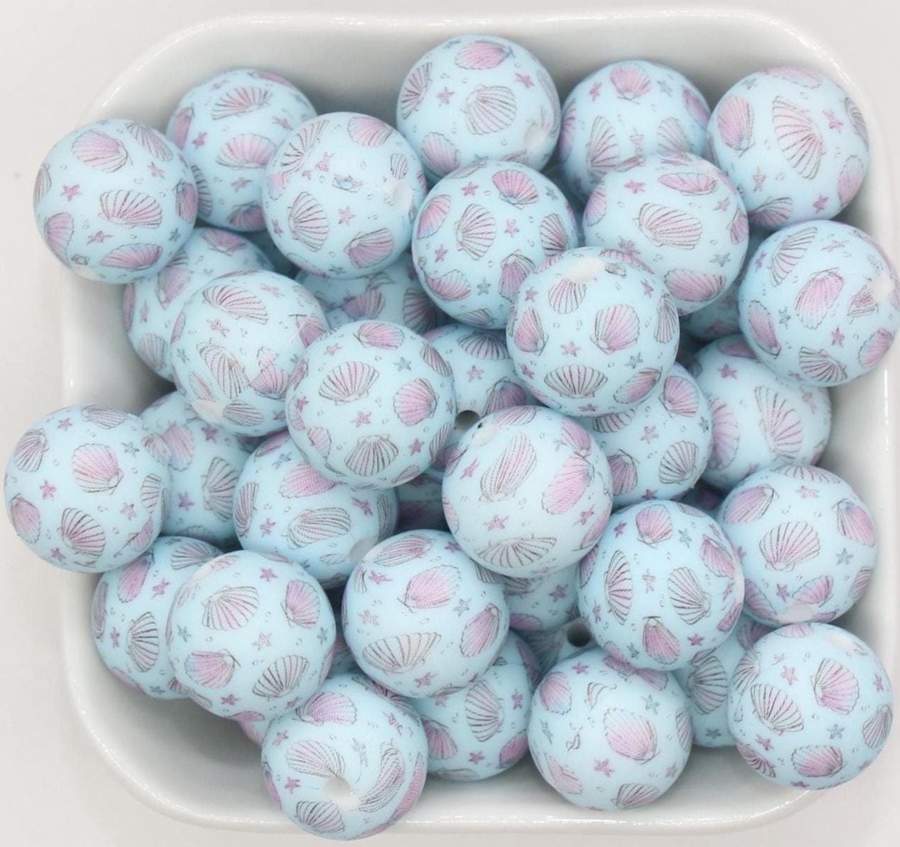 15mm Seashell Printed Beads, Blue Sea Shell Silicone Beads, Round Bubblegum Beads, Beads for Pens #S128