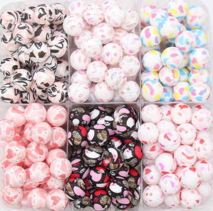 15mm Heart Printed Beads, Heart Love Printed Silicone Beads, Round Bubblegum Beads, Beads for Pens, Beads for Bracelets