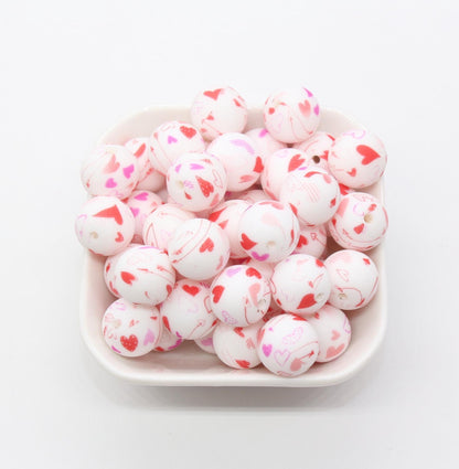 15mm Heart Printed Beads, Heart Love Printed Silicone Beads, Round Bubblegum Beads, Beads for Pens, Beads for Bracelets