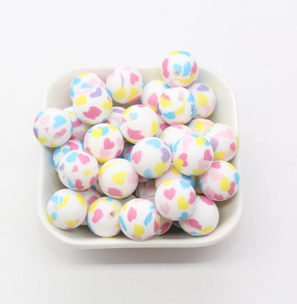 15mm Heart Printed Beads, Heart Love Printed Silicone Beads, Round Bubblegum Beads, Beads for Pens, Beads for Bracelets