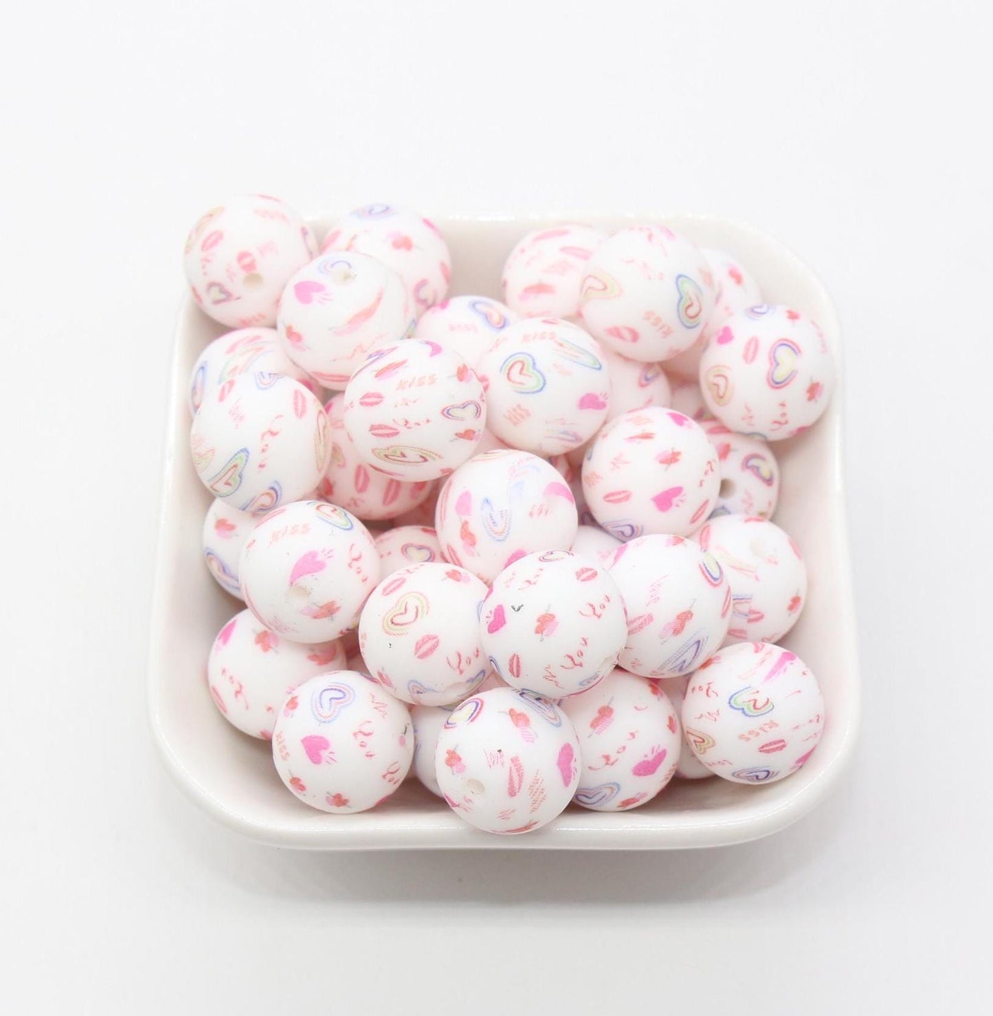 15mm Heart Printed Beads, Heart Love Printed Silicone Beads, Round Bubblegum Beads, Beads for Pens, Beads for Bracelets