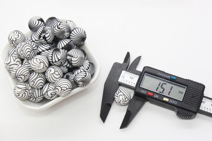 15mm Swirl Printed Beads, Black Swirl Silicone Beads, Round Bubblegum Beads, Beads for Pens