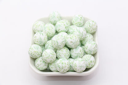 15mm Leaf Printed Beads, Green Plant Leaf Silicone Beads, Round Bubblegum Beads, Beads for Pens #S139