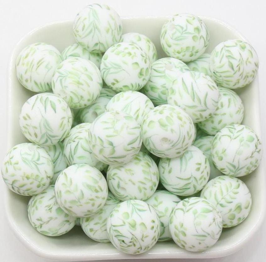 15mm Leaf Printed Beads, Green Plant Leaf Silicone Beads, Round Bubblegum Beads, Beads for Pens #S139