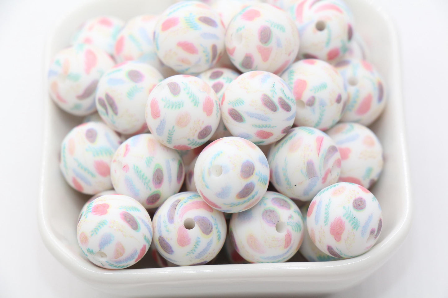 15mm Flower and Leaf Printed Beads, Floral Silicone Beads, Round Bubblegum Beads, Beads for Pens #S140