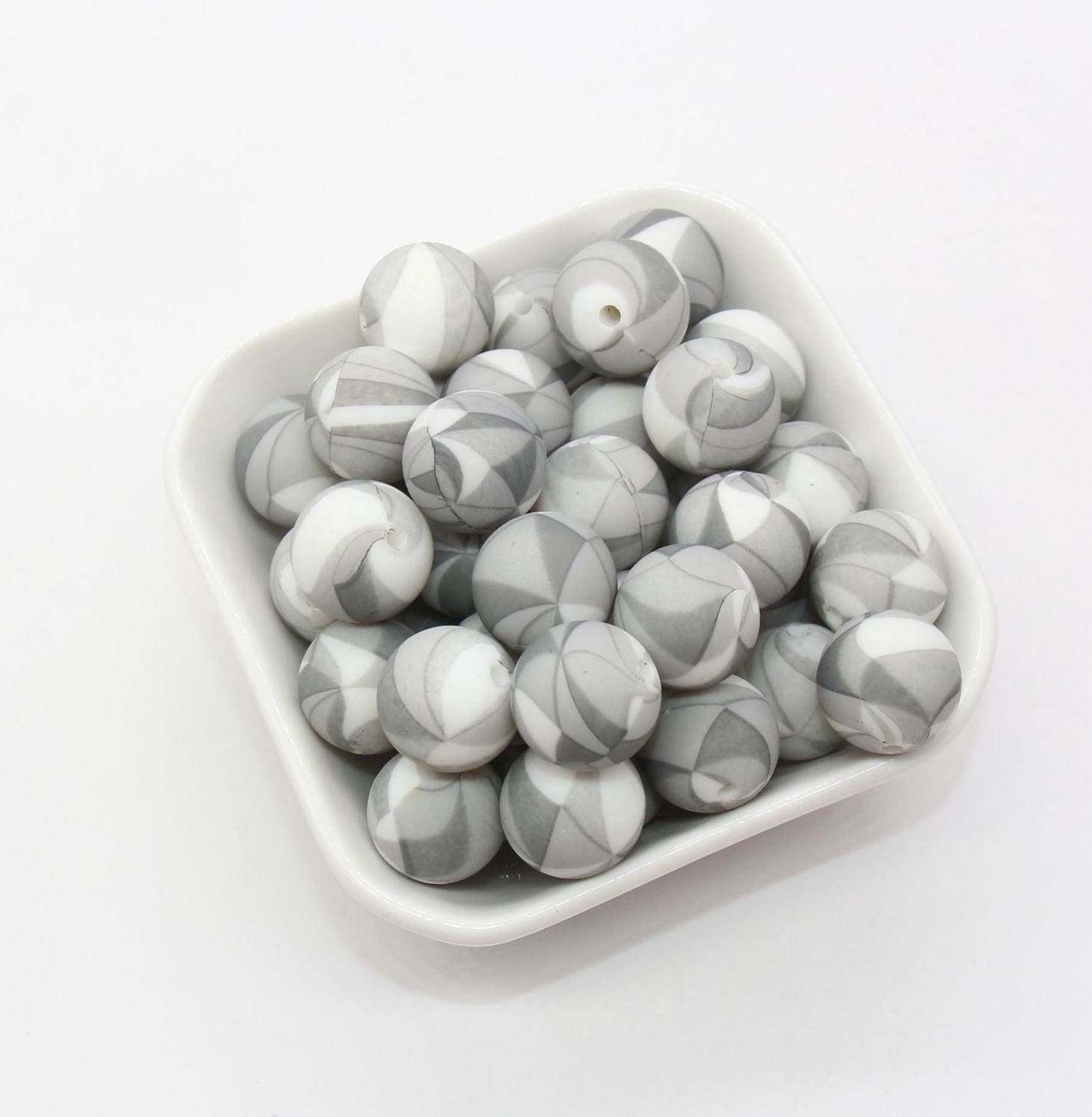 15mm Gray Patterned Printed Beads, Printed Silicone Beads, Round Bubblegum Beads, Beads for Pens #S142