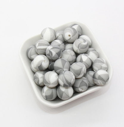 15mm Gray Patterned Printed Beads, Printed Silicone Beads, Round Bubblegum Beads, Beads for Pens #S142