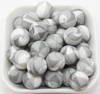 15mm Gray Patterned Printed Beads, Printed Silicone Beads, Round Bubblegum Beads, Beads for Pens #S142