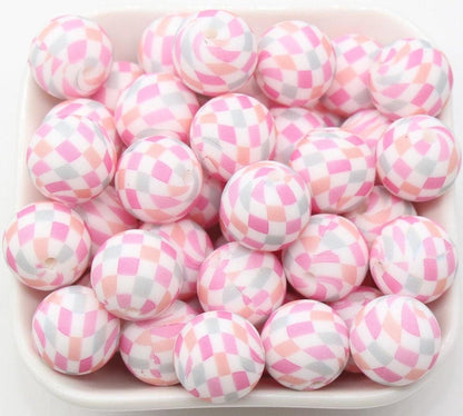 15mm Pink Checkered Printed Beads, Patterned Printed Silicone Beads, Round Bubblegum Beads, Beads for Pens #S145