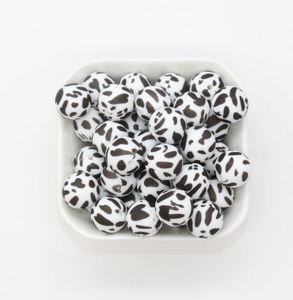 15mm Cow Printed Beads, Animal Silicone Beads, Round Bubblegum Beads, Beads for Pens, Beads for Bracelets