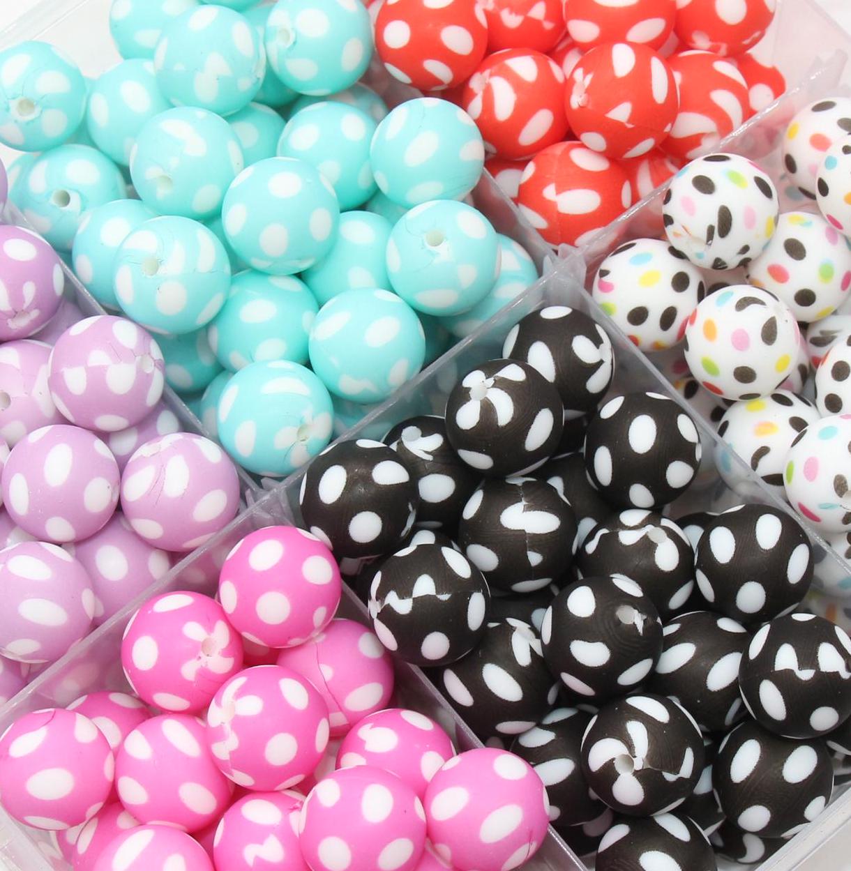 15mm Polka Dots Printed Beads, Dots Print Silicone Beads, Round Bubblegum Beads, Beads for Pens, Beads for Bracelets