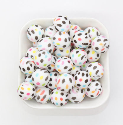 15mm Polka Dots Printed Beads, Dots Print Silicone Beads, Round Bubblegum Beads, Beads for Pens, Beads for Bracelets