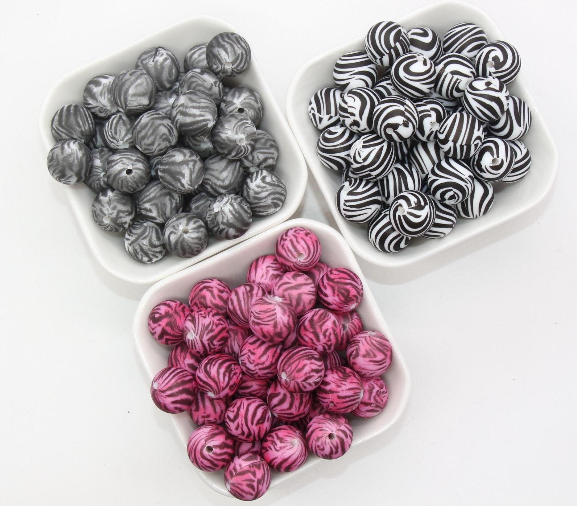 15mm Zebra Printed Beads, Animal Print Silicone Beads, Round Bubblegum Beads, Beads for Pens, Beads for Bracelets