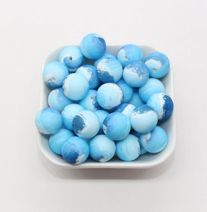 15mm Blue Ocean Printed Beads, Ocean Waves Print Beads, Sea Silicone Beads, Round Bubblegum Beads, Beads for Pens #S199