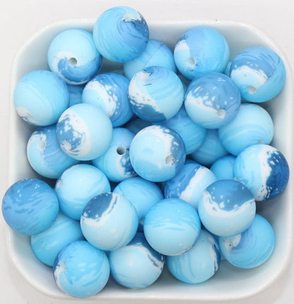 15mm Blue Ocean Printed Beads, Ocean Waves Print Beads, Sea Silicone Beads, Round Bubblegum Beads, Beads for Pens #S199