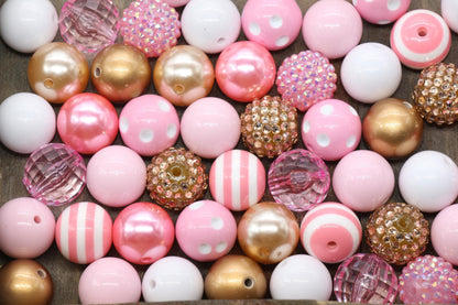 20mm Bubblegum Beads, Pink and Gold Beads Mix, Chunky Beads, Jewelry Making Beads