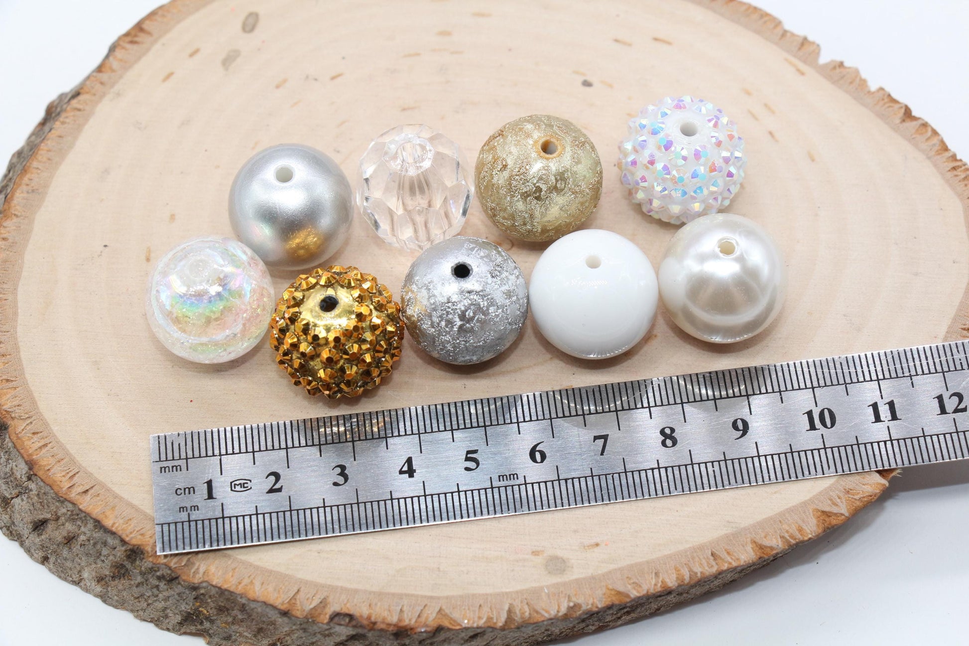 20mm Bubblegum Beads, White, Silver, and Gold Beads Mix, Chunky Beads, Jewelry Making Beads