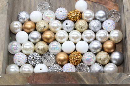 20mm Bubblegum Beads, White, Silver, and Gold Beads Mix, Chunky Beads, Jewelry Making Beads