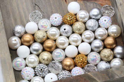 20mm Bubblegum Beads, White, Silver, and Gold Beads Mix, Chunky Beads, Jewelry Making Beads