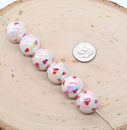 16mm Heart Beads, Red Heart Print Iridescent Bubblegum Beads, Beads for Pens, Plastic Beads, Beads for Bracelets #3348