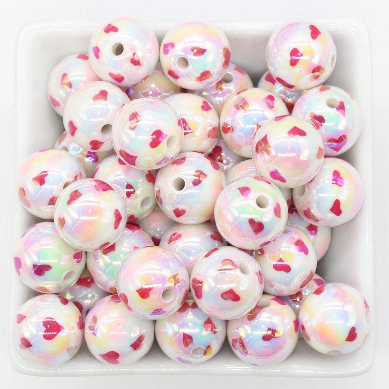 16mm Heart Beads, Red Heart Print Iridescent Bubblegum Beads, Beads for Pens, Plastic Beads, Beads for Bracelets #3348