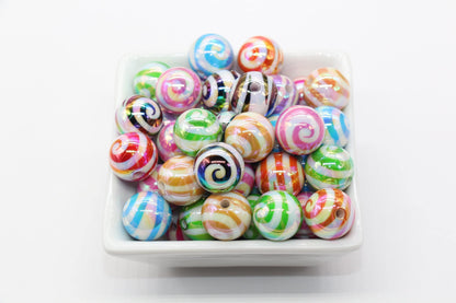 16mm Swirl Print Beads, Mix Spiral Beads, Iridescent Bubblegum Beads, Beads for Pens, Plastic Beads, Beads for Bracelets #3349