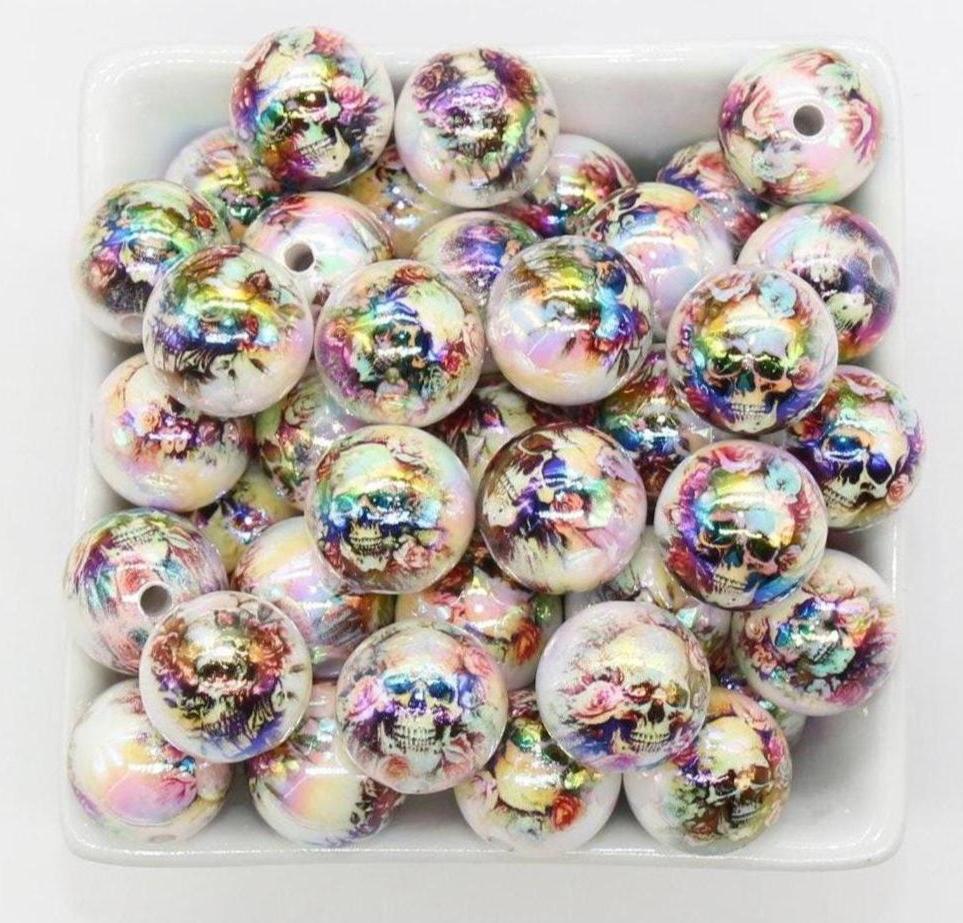 16mm Skull Beads, Flower Skull Beads, Sugar Skull Beads, Halloween Beads, Iridescent Bubblegum Beads, Beads for Pens, Plastic Beads #3353