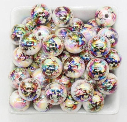 16mm Skull Beads, Flower Skull Beads, Sugar Skull Beads, Halloween Beads, Iridescent Bubblegum Beads, Beads for Pens, Plastic Beads #3353