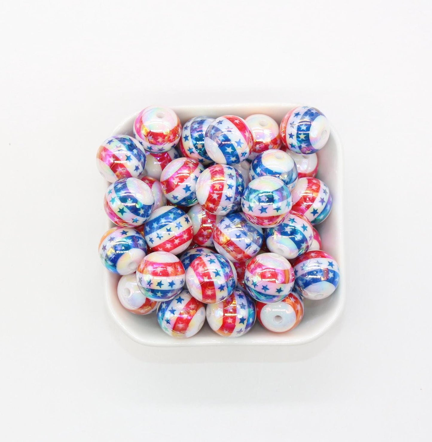 16mm Patriotic Beads, USA Flag Print Beads, America Beads, Independence Day Beads, Iridescent Bubblegum Beads, Beads for Pens, Plastic Beads