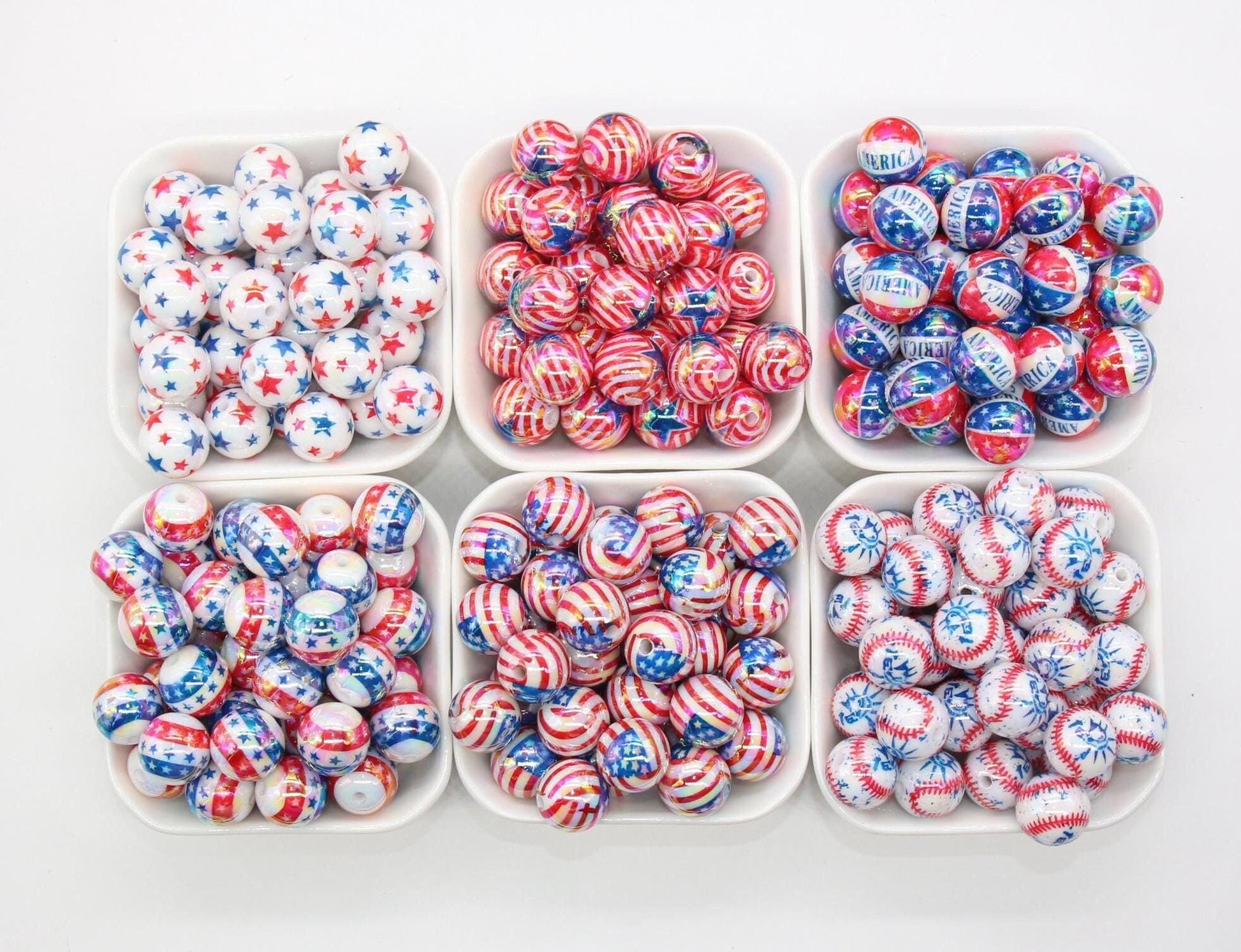 16mm Patriotic Beads, USA Flag Print Beads, America Beads, Independence Day Beads, Iridescent Bubblegum Beads, Beads for Pens, Plastic Beads