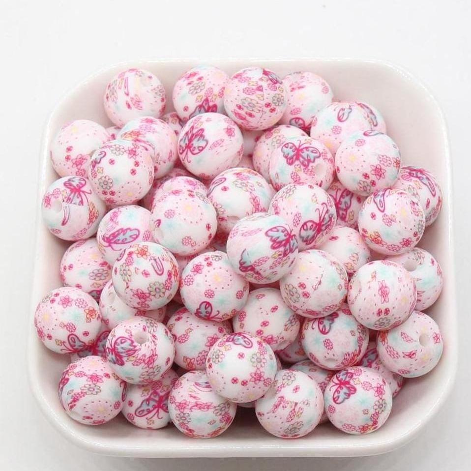 12mm Butterfly Beads, Butterfly Printed Silicone Bubblegum Beads, Beads for Pens, Beads for Bracelets #S30