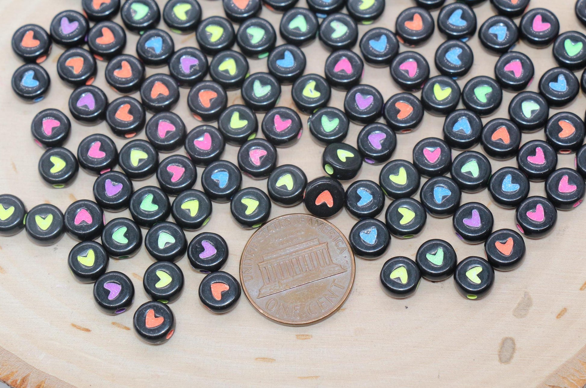 Mix Heart Beads, Black Beads with Multicolor Heart Beads, Plastic Heart Beads, Acrylic Symbol Beads, Beads for Bracelets, Size 7mm #1035