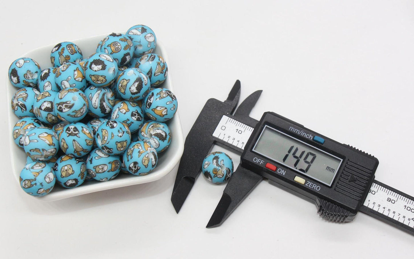 15mm Animal Printed Beads, Bunny, Owl, Fox Beads, Silicone Beads, Round Bubblegum Beads, Beads for Pens, Beads for Bracelets #S83