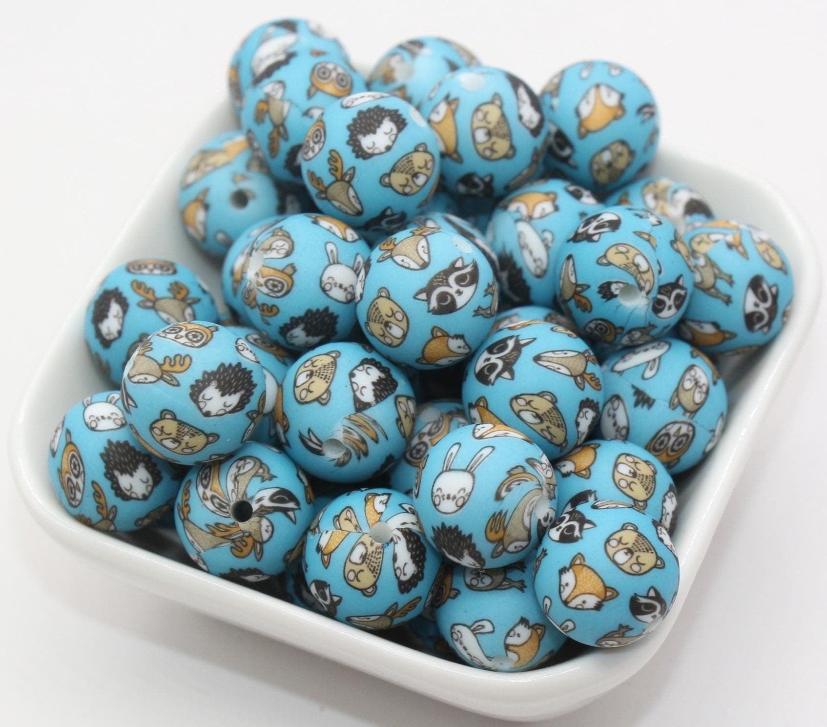 15mm Animal Printed Beads, Bunny, Owl, Fox Beads, Silicone Beads, Round Bubblegum Beads, Beads for Pens, Beads for Bracelets #S83