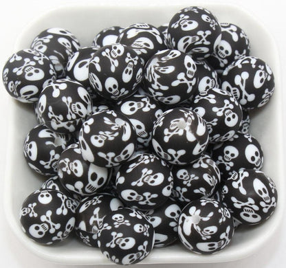 15mm Skull Printed Beads, Halloween Silicone Beads, Round Bubblegum Beads, Beads for Pens, Beads for Bracelets #S89