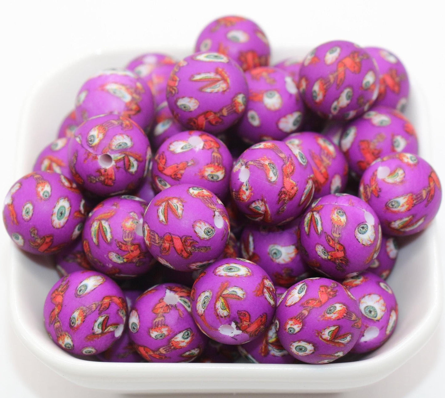 15mm Spooky Eyeballs Printed Beads, Halloween Silicone Beads, Round Bubblegum Beads, Beads for Pens, Beads for Bracelets #S90