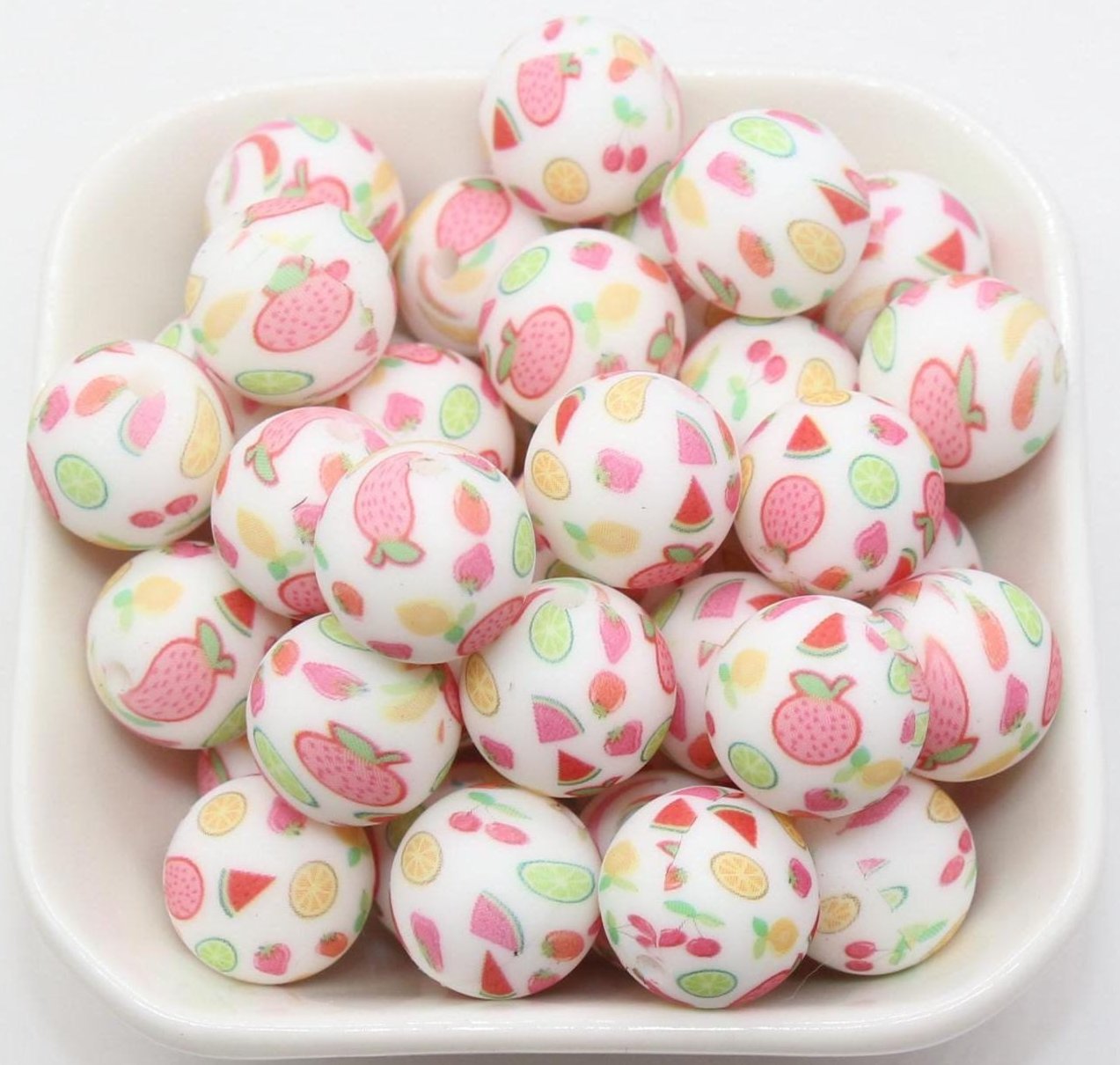 15mm Fruit Printed Beads, Strawberry Silicone Beads, Round Bubblegum Beads, Beads for Pens, Beads for Bracelets #S92