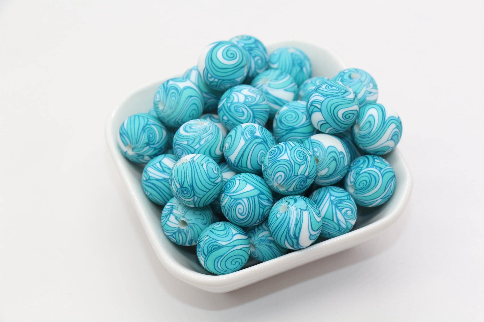 15mm Aqua Blue Swirl Printed Beads, Swirl Silicone Beads, Round Bubblegum Beads, Beads for Pens, Beads for Bracelets #S93