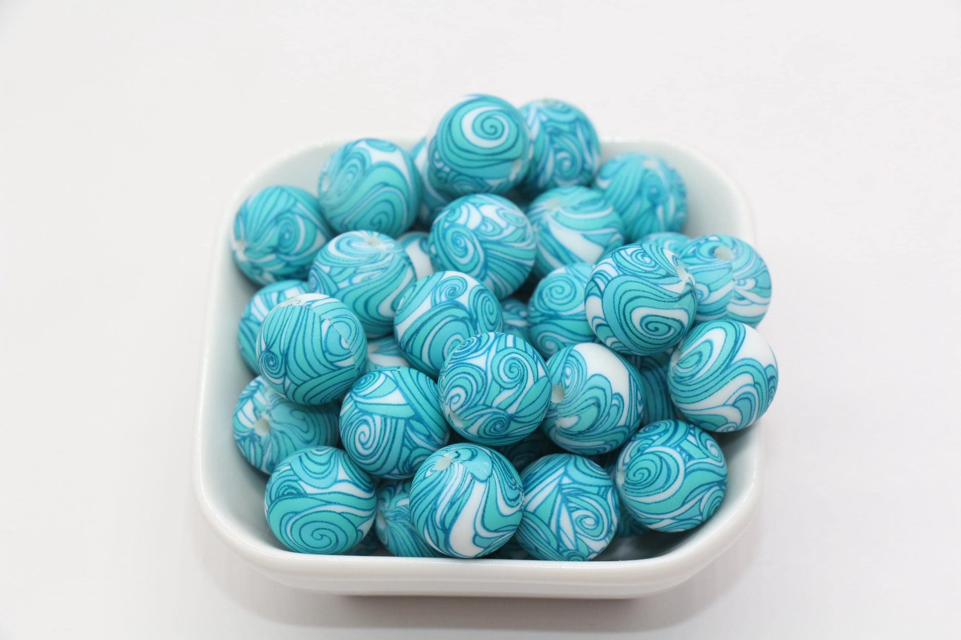 15mm Aqua Blue Swirl Printed Beads, Swirl Silicone Beads, Round Bubblegum Beads, Beads for Pens, Beads for Bracelets #S93