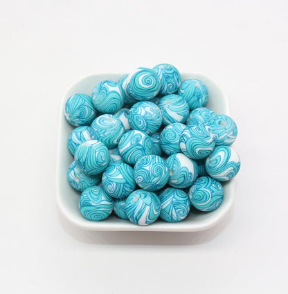 15mm Aqua Blue Swirl Printed Beads, Swirl Silicone Beads, Round Bubblegum Beads, Beads for Pens, Beads for Bracelets #S93