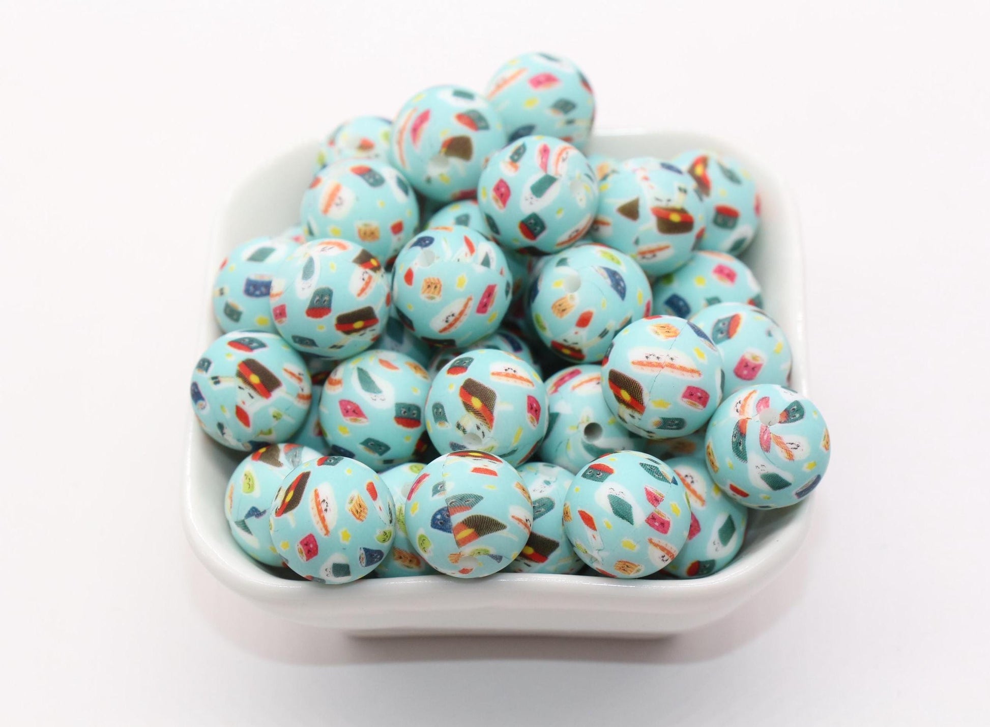 15mm Sushi Printed Beads, Food Printed Silicone Beads, Round Bubblegum Beads, Beads for Pens #S99