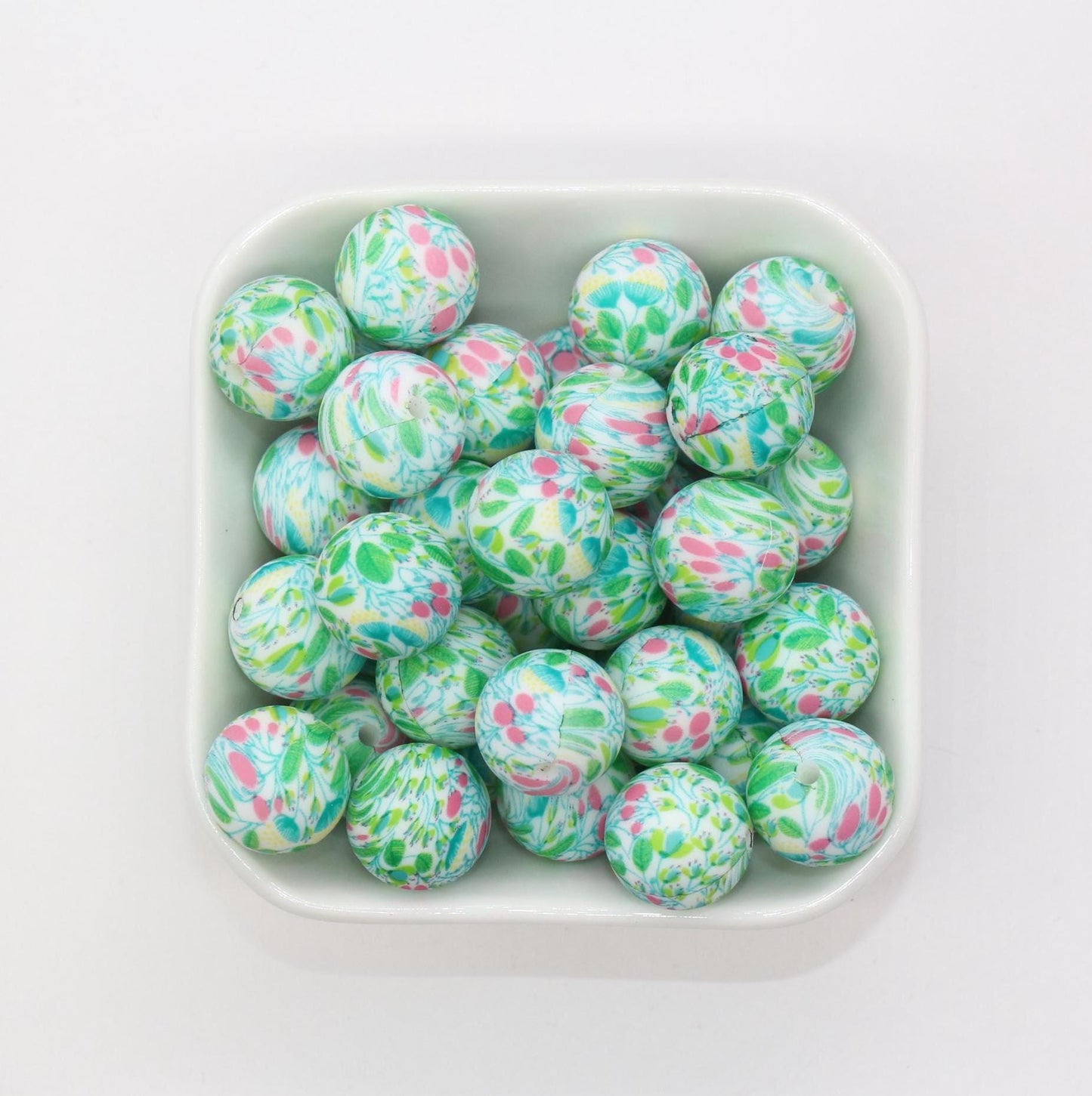 15mm Flower Printed Beads, Floral Silicone Beads, Round Bubblegum Beads, Beads for Pens