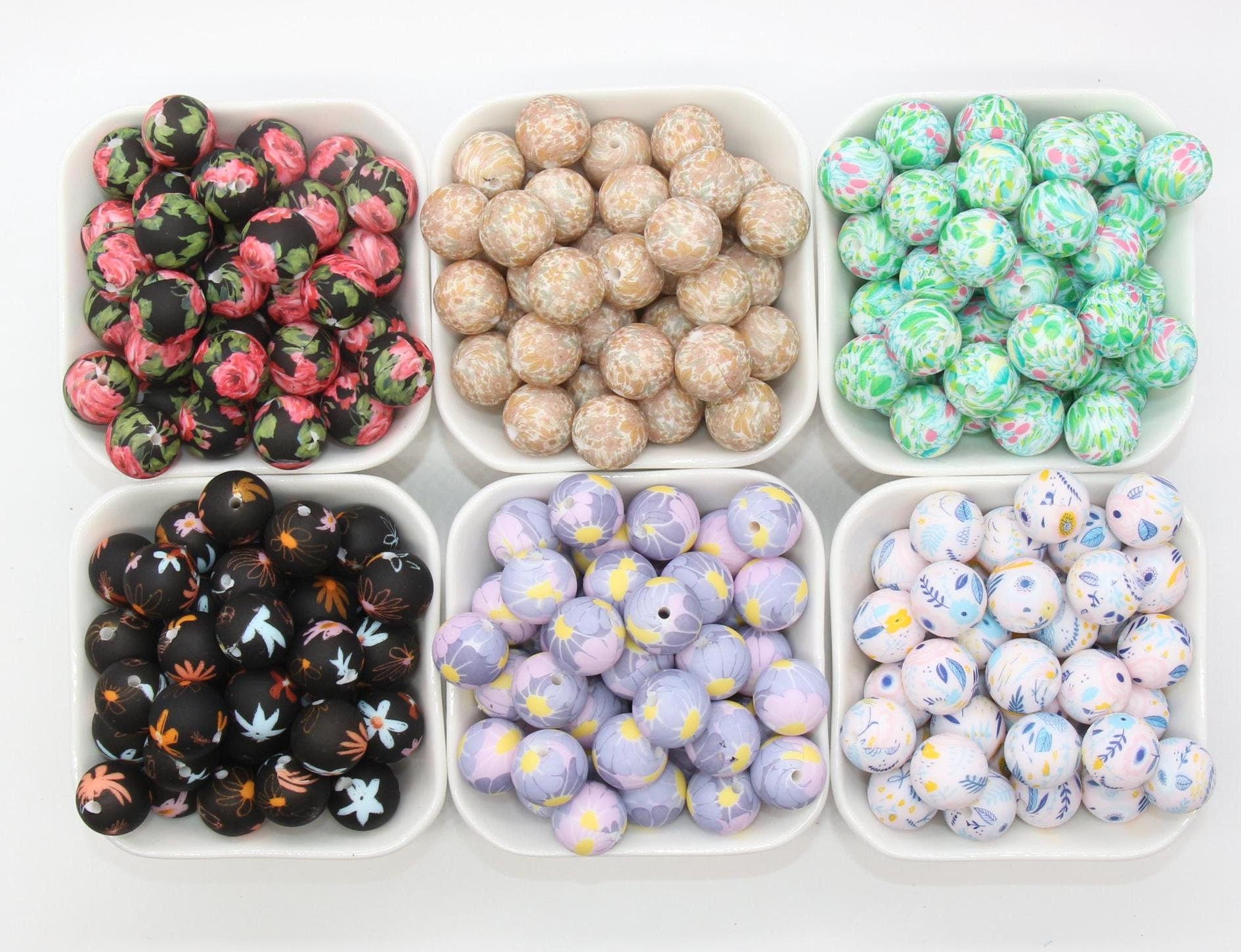 15mm Flower Printed Beads, Floral Silicone Beads, Round Bubblegum Beads, Beads for Pens