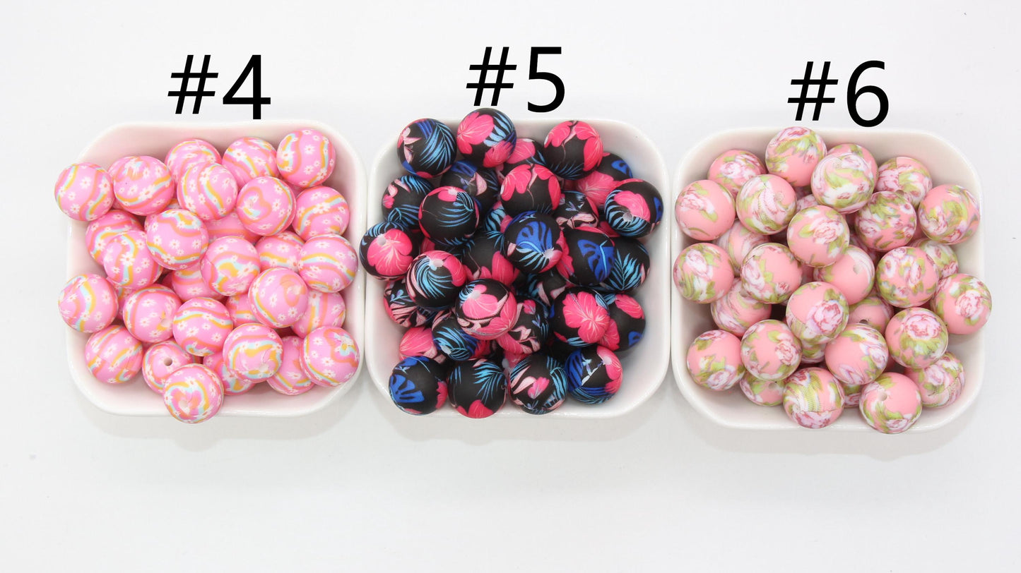 15mm Flower Printed Beads, Daisy Printed Silicone Beads, Floral Printed Round Bubblegum Beads, Beads for Pens