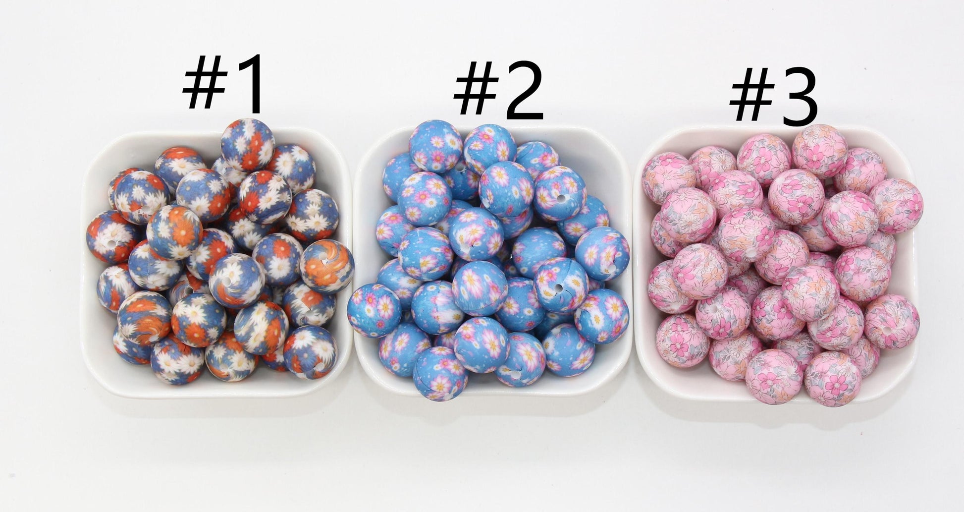 15mm Flower Printed Beads, Daisy Printed Silicone Beads, Floral Printed Round Bubblegum Beads, Beads for Pens