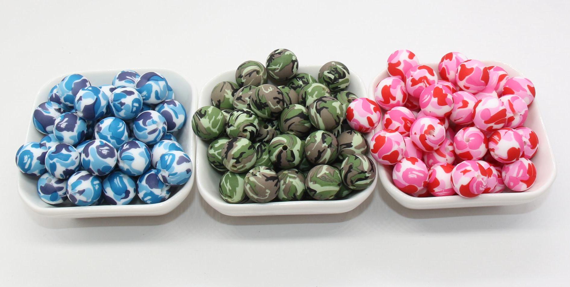 15mm Camo Printed Beads, Camouflage Printed Silicone Beads, Round Bubblegum Beads, Beads for Pens