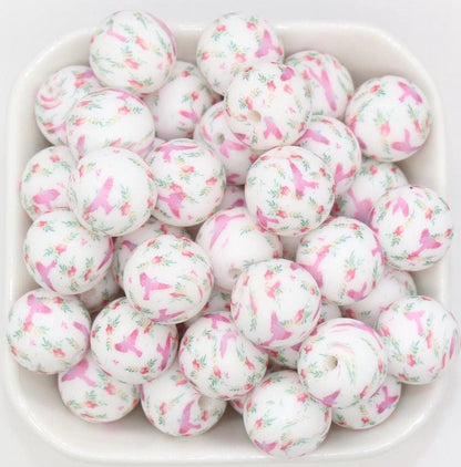 15mm Bird and Floral Printed Beads, Flying Bird Silicone Beads, Round Bubblegum Beads, Beads for Pens #S122