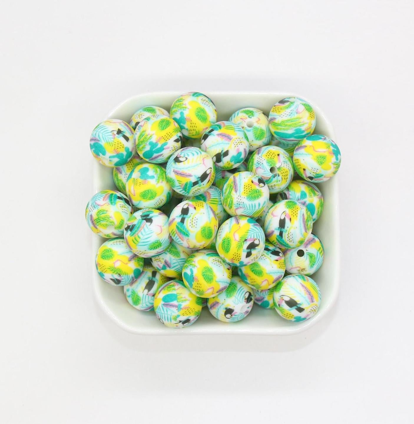 15mm Parrot Printed Beads, Bird and Plants Silicone Beads, Round Bubblegum Beads, Beads for Pens #S123