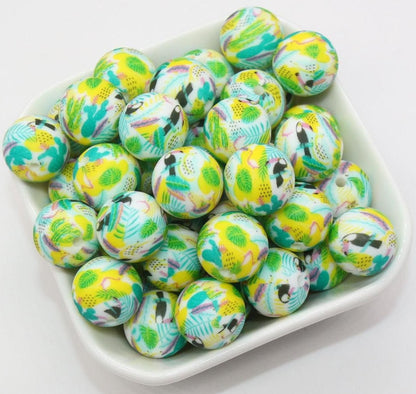 15mm Parrot Printed Beads, Bird and Plants Silicone Beads, Round Bubblegum Beads, Beads for Pens #S123